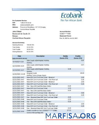 Printable Central African Republic Ecobank bank statement (AutoSum) excel sample